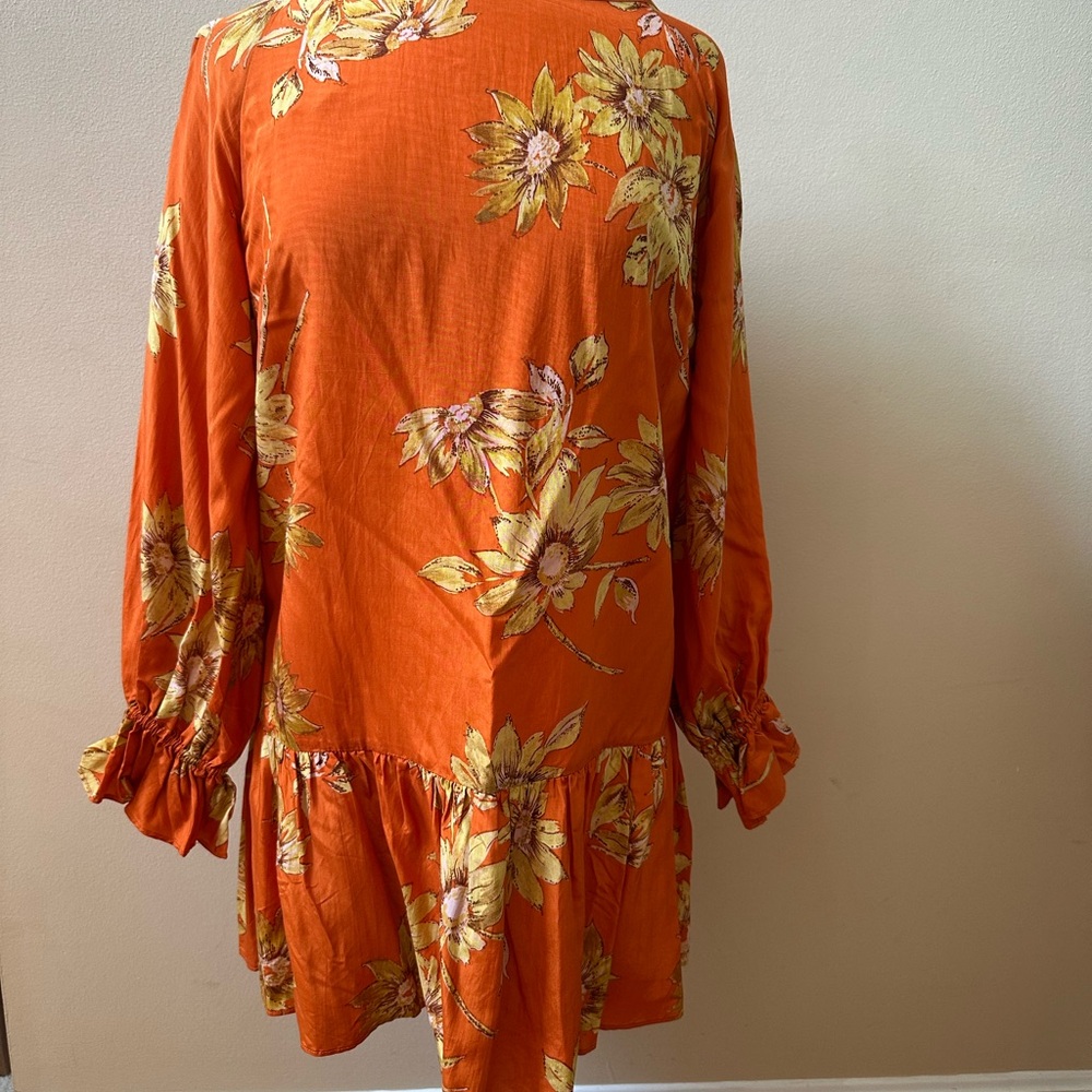 Free People TULAROSA Lala Dress Orange Floral Ruffle Mini Size S NWT